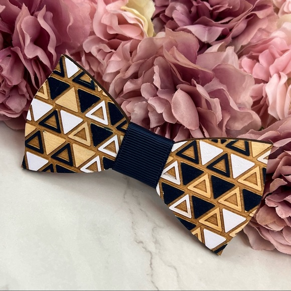 Hand Crafted Blue and White Geometric Wood Butterfly Bow Tie - Picture 6 of 16